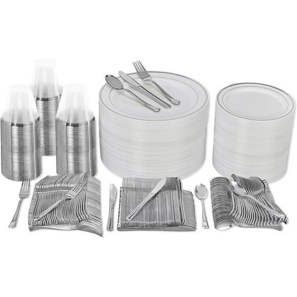600 Piece Silver Plastic Dinnerware Set (100 Guests), 100 Dinner Silver Plates - Picture 1 of 7